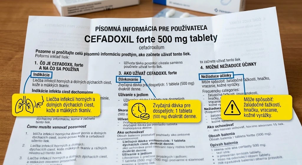 Príbalový leták lieku s vyznačenými sekciami dávkovanie, indikácie a nežiaduce účinky