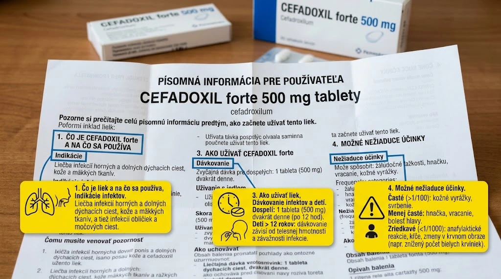 Príbalový leták lieku s vyznačenými sekciami dávkovanie, indikácie a nežiaduce účinky