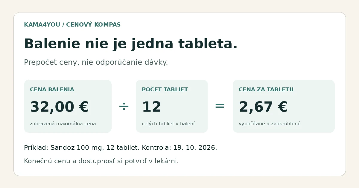 Sildenafil cena: 32 eur za balenie delené 12 tabletami, približne 2,67 eura za celú tabletu.